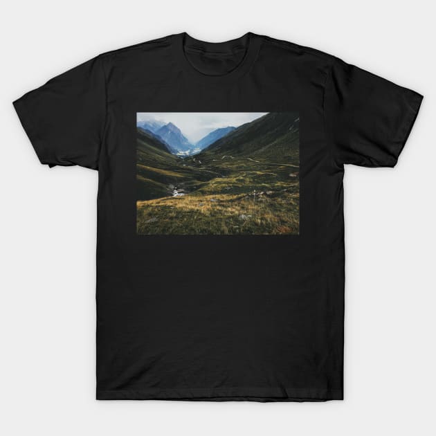 Road Winding Through Swiss Mountain Valley T-Shirt by visualspectrum